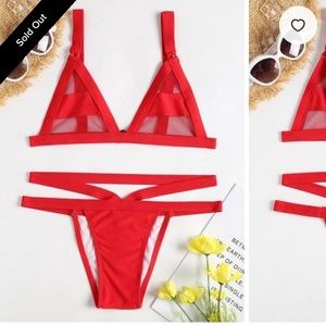 Zaful Mesh Panel Bandage Bikini - Red - L